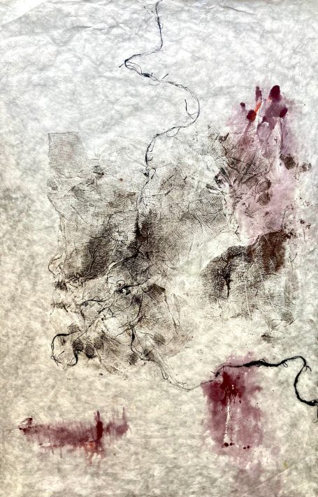 Esthétique zen, délicatesse des empreintes. Vide et plein, oeuvre abstraite. Oeuvre sur papier japonais encadrée sous verre