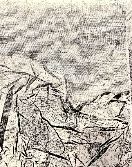 Variation 27x33cm Estampe, empreintes de tarlatane, texture, textile. Encre noire. Gravure. Oeuvre légère et graphique