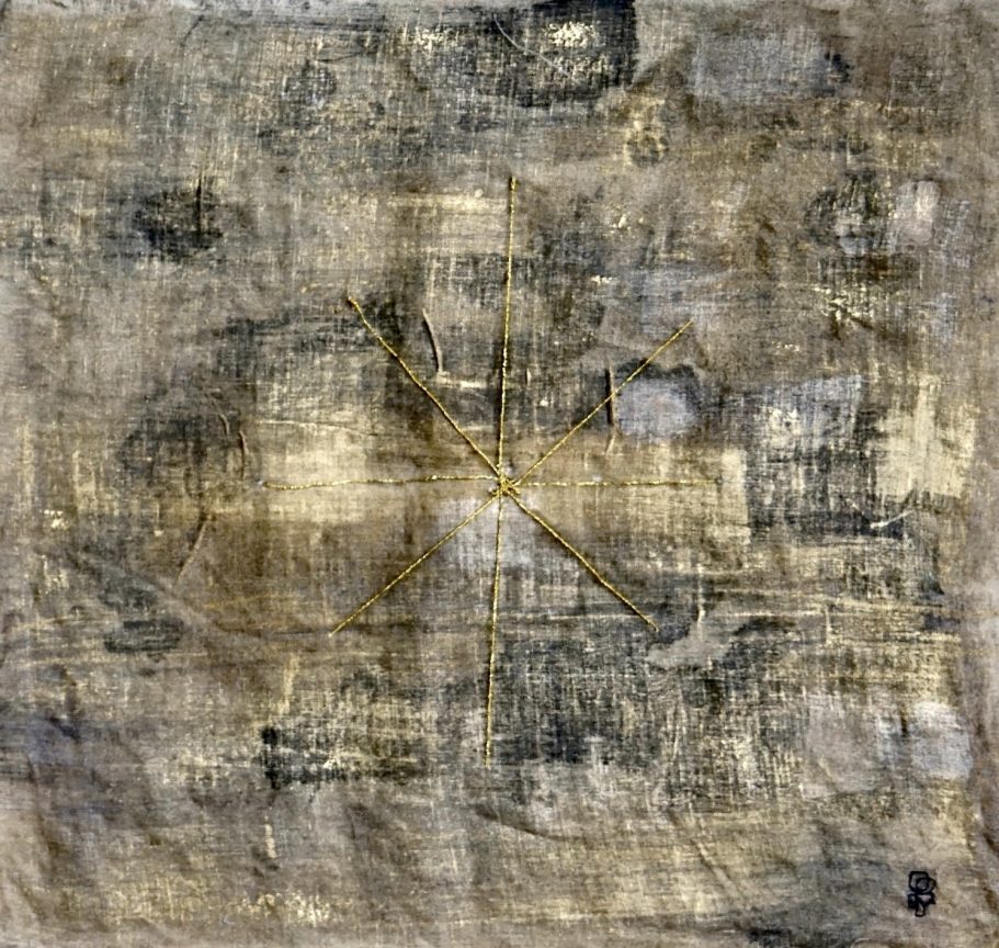 Etoile 60x60cm Texture abstraite avec des tons beige et doré, marquée par des lignes et des formes géométriques.