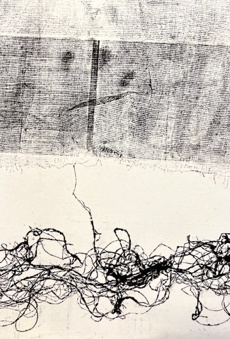 Variation 35x25cm Estampe, empreintes de tarlatane, texture, textile. Encre noire. Gravure. Oeuvre légère et graphique