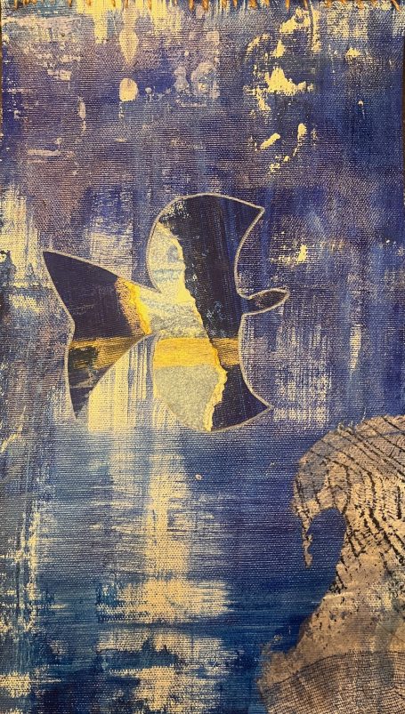 Ciel ! 23x40cm Pigments naturels, huile sur toile. Ciel et oiseaux. Collage monotype. Toile libre cousur sur baguette en bambou