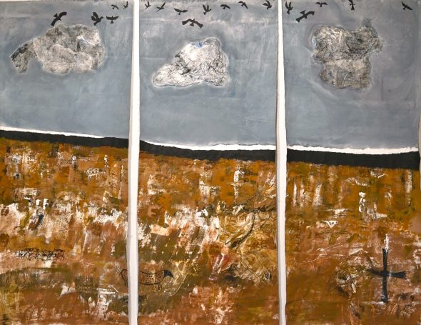 De la Terre jusqu'au ciel 70x165cm (x3)-Toiles libres cousues sur baguettes Peinture thème pariétal. Toile libre. Pigments naturels et monotype. Matière, ciel.