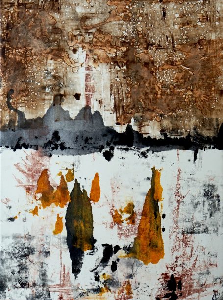 Paysage abstrait 50x60cm Paysage abstrait, encre de gravure, monotype, couleurs, tons ocre, noir profond. Oeuvre sur papier marouflée sur toile