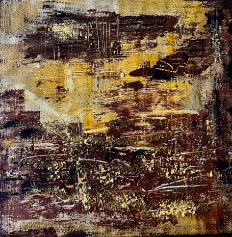 Terra II 20x20cm Pigments et peinture à l'huile sur toile. Encadrement caisse US noire. Présence de la matière, raffinement et mystère des reflets or