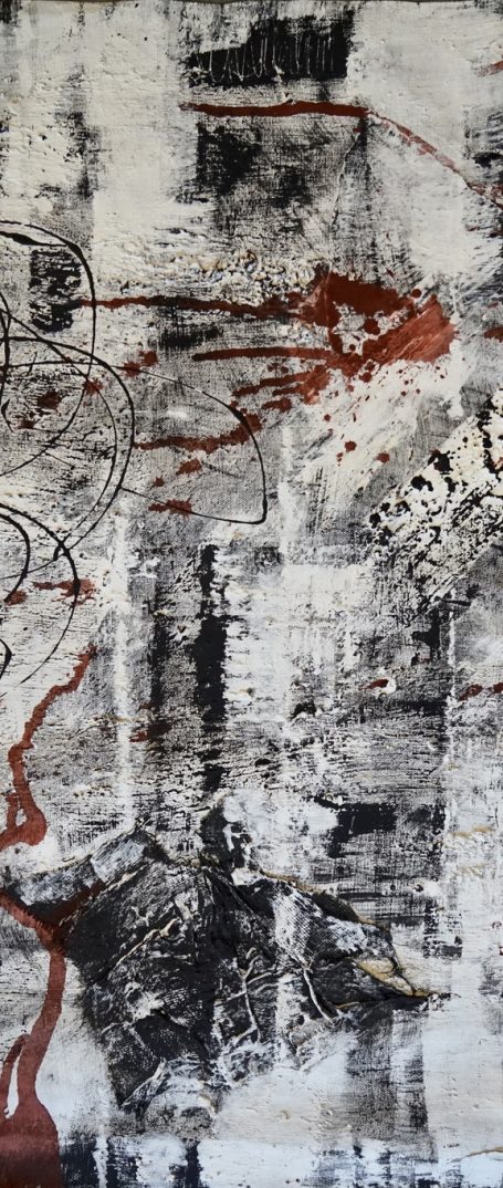 Sans titre 30x80cm Pigments naturels sur toile libre. Noir, rouge et blanc. Matière, texture, abstraction