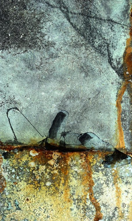 Vertige 60x100cm La peinture vient s’ajouter à la photographie et au dessin. Le corps se confond avec le mur qui se fond avec la peinture