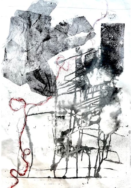 Paysage zen 70x110cm Paysage zen, coulures, impression de texture légère, fil rouge, noir profond