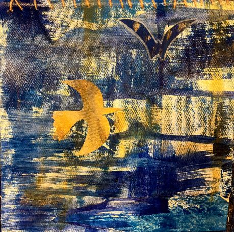 Ciel ! 25x25cm Pigments naturels, huile sur toile. Ciel et oiseaux. Collage. Toile libre cousur sur baguette en bambou