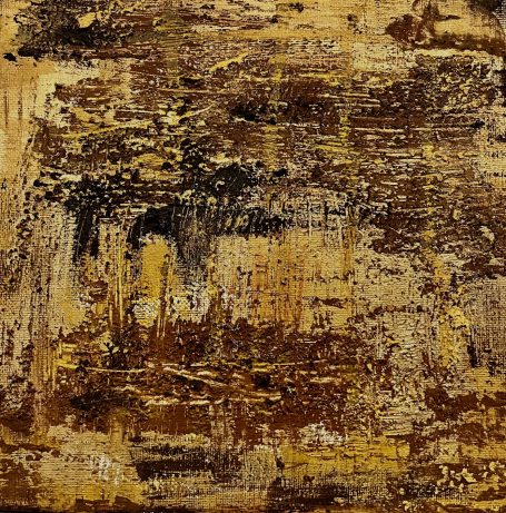 Terra III 20x20cm Pigments et peinture à l'huile sur toile. Encadrement caisse US noire. Présence de la matière, raffinement et mystère des reflets or
