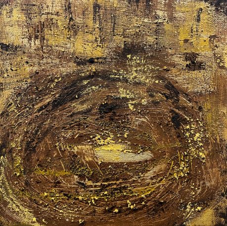 Terra II 20x20cm Pigments et peinture à l'huile sur toile. Encadrement caisse US noire. Présence de la matière, raffinement et mystère des reflets or
