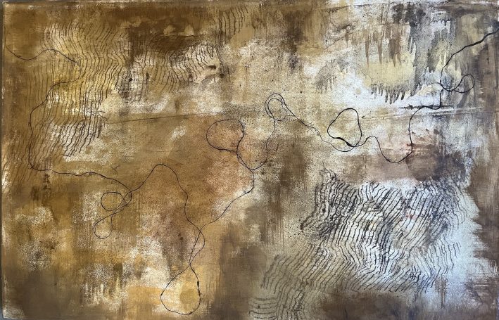 Paysage onirique bronze 70x100cm Huile, pigments et monotype sur papier. Le reflets bronze et or sont chatoyants. Le fil nous emmène, les empreintes sont délicates.