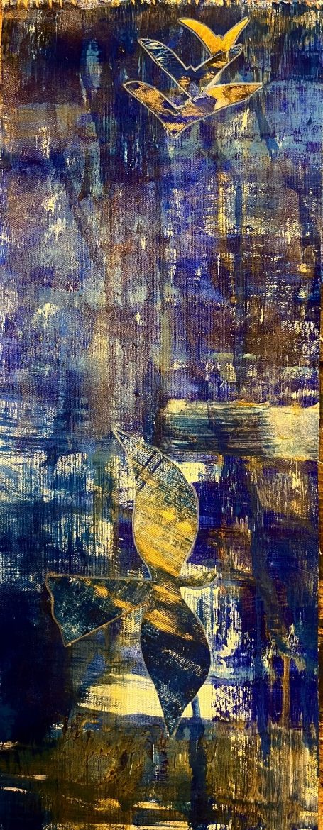 Ciel ! 25x65cm Pigments naturels, huile sur toile. Ciel et oiseaux. Collage monotype. Toile libre cousur sur baguette en bambou