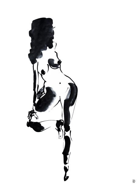 Nu à la jambe pliée dessin de nu à l'encre de chine à partir de modèle vivant. Calligraphique et épuré. Possibilité de commander un tirage Fine Art