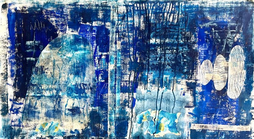 Bleu ! 80x130cm - Collection privée Pigments naturels et monotypes sur toile. Le bleu dans tous ses états. Le bleu du ciel ou de la mer. A chacun de projeter son imaginaire