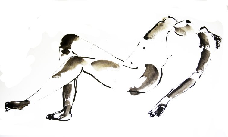 Nu à la tête renversée dessin de nu à l'encre de chine à partir de modèle vivant. Calligraphique et épuré. Possibilité de commander un tirage Fine Art