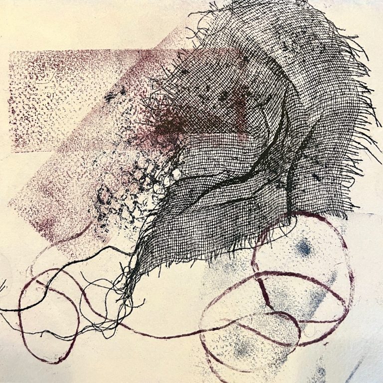 Monotype, estampe, empreinte textile et fil, papier