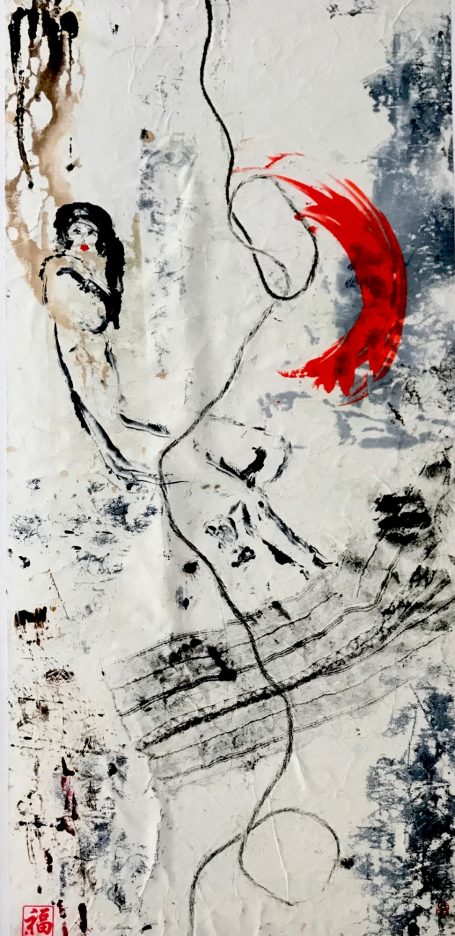 Esthétique zen, noir et blanc avec une trace rouge. vide et plein, oeuvre abstraite. Esquisse de jeune fille. Encadrée sous verre