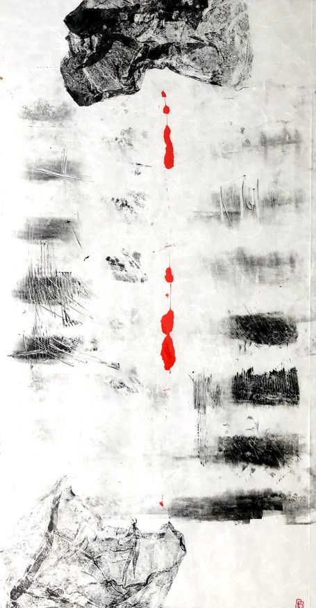 Nuage 50x100cm Esthétique zen, noir et blanc avec une ligne rouge. vide et plein, oeuvre abstraite. Oeuvre sur papier japonais encadrée sous verre