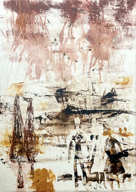 Etre(s) I 50x70cm Gravure au carborundum et monotype. Personnages dans un monde imaginaire. Encadrement caisse US bois