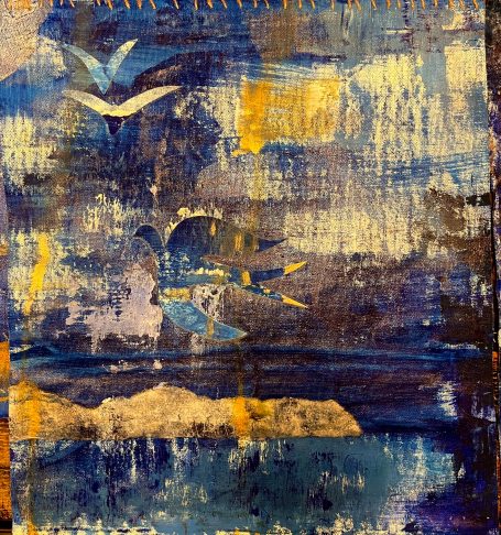 Ciel ! 42x46cm Pigments naturels, huile sur toile. Ciel et oiseaux. Collage monotype. Toile libre cousur sur baguette en bambou