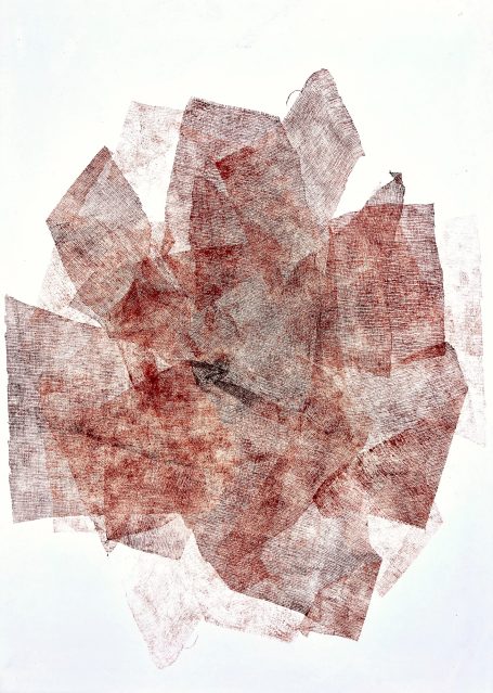 Volute sanguine 55x75cm - Collection particulière Empreinte de tarlatane sur papier. Encre de gravure à l'huile. Fleur imaginaire, graphique et délicate à la fois. Papier marouflé sur toile