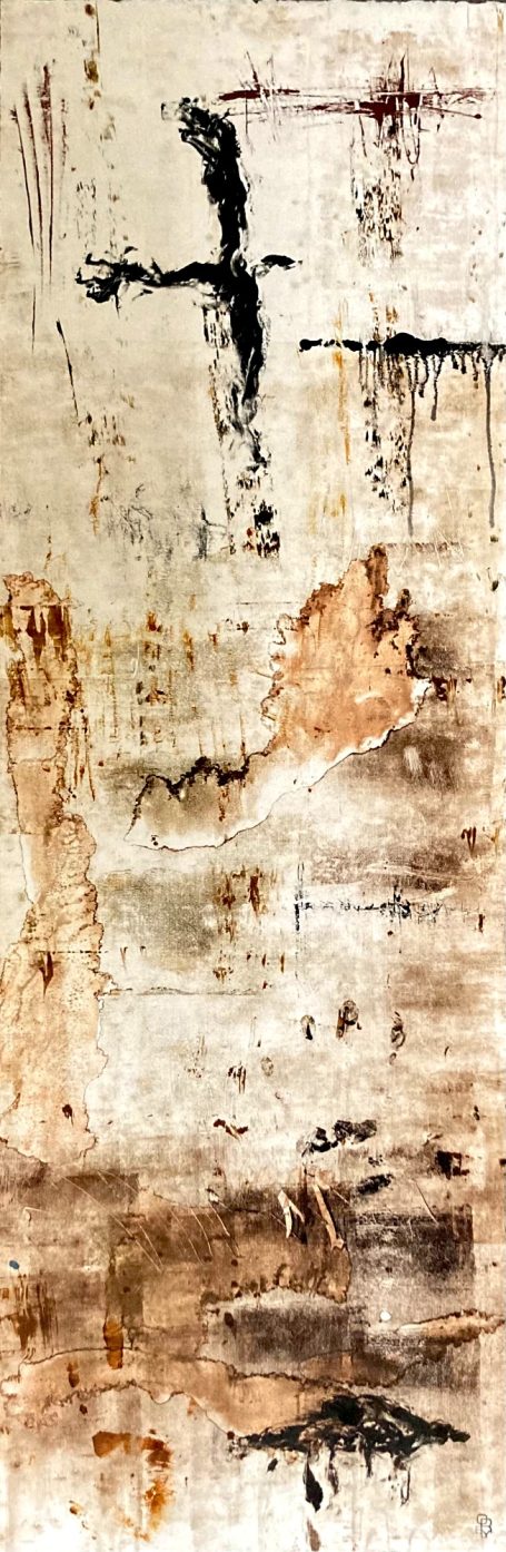 Pariétal V 50x100cm Hommage aux traces et aux premières créations de nos ancêtres. Oeuvres des cavernes, art de vivre d'une époque révolue. Oeuvre sur papier