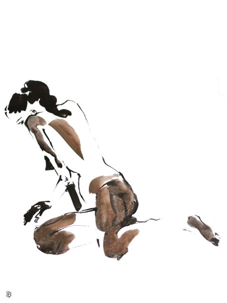 Nu à demi tourné dessin de nu à l'encre de chine à partir de modèle vivant. Calligraphique et épuré. Possibilité de commander un tirage Fine Art