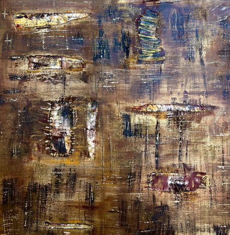 Terra 80x80cm Huile sur toile, monotype et broderie. Les coutures nous réparent, les fils d'or amènent la lumière