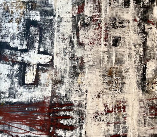 Sans titre 95x80cm-Toile libre Croix et traces sur fond matiéré noir et blanc. Pigments naturels, encre sur toile libre