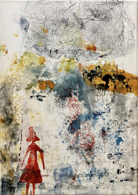 Etre(s) I 50x70cm Gravure au carborundum et monotype. Personnages dans un monde imaginaire. Encadrement caisse US bois