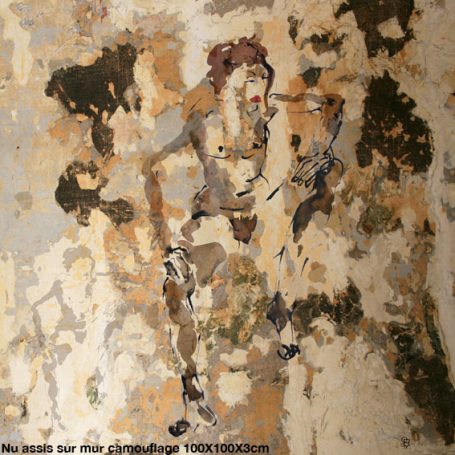 Nu sur camouflage 100x100cm La peinture vient s’ajouter à la photographie et au dessin. Le corps se confond avec le mur qui se fond avec la peinture