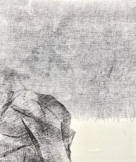 Variation 30x25cm Estampe, empreintes de tarlatane, texture, textile. Encre noire. Gravure. Oeuvre légère et graphique
