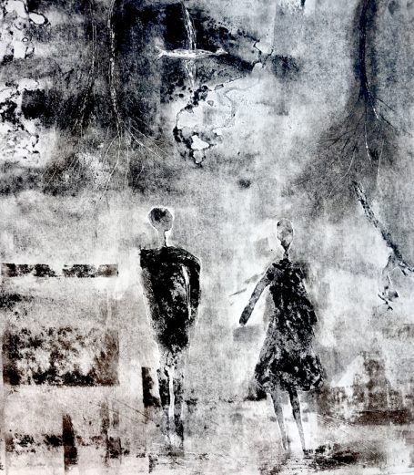 Passage 40x40cm Gravure au carborundum et monotype. Couple. Encre noire. Matière et texture. Oeuvre sur papier