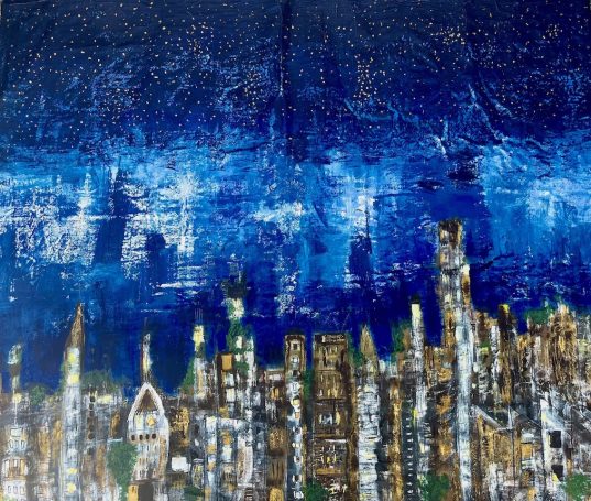 Ville monde 130x180cm Pigments et huile sur toile libre. Une ville la nuit, matière des habitations, architecture monde et brillance des étoiles