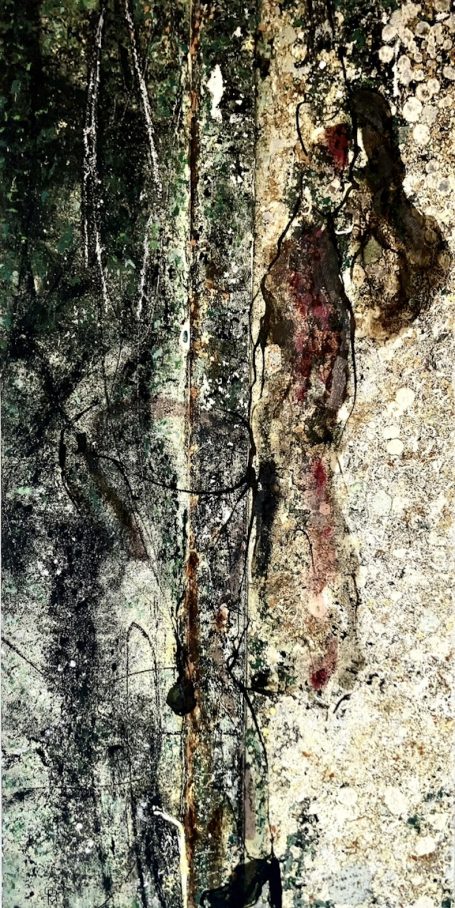 Ascension 60x120cm La peinture vient s’ajouter à la photographie et au dessin. Le corps se confond avec le mur qui se fond avec la peinture