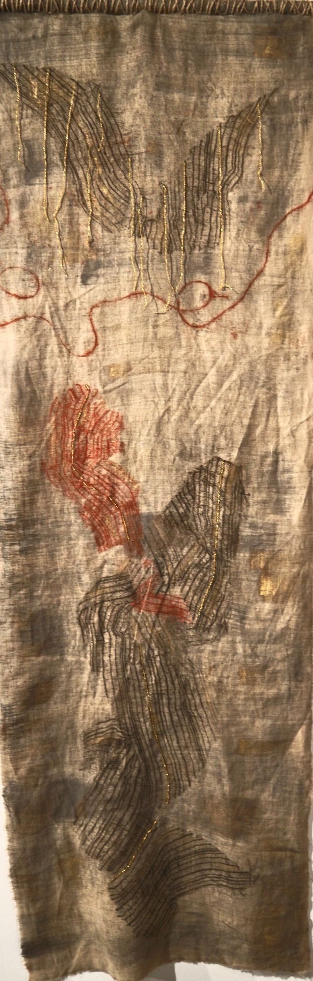 Ailes d'ange II 48x95cm oeuvre unique sur tissus peinture or et fil d'or empreinte texture et fil rouge