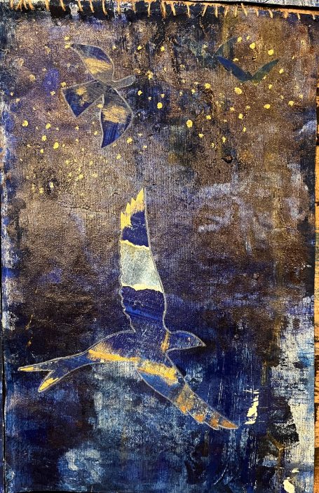 Ciel ! 30x46cm Pigments naturels, huile sur toile. Ciel et oiseaux. Collage monotype. Toile libre cousur sur baguette en bambou