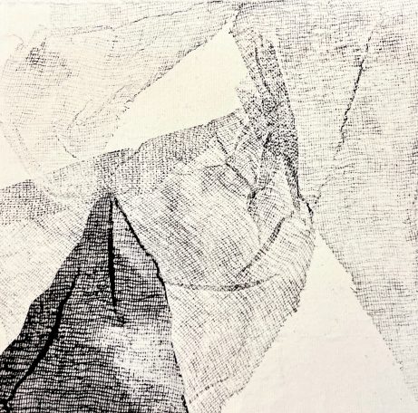 Variation 30x30cm Estampe, empreintes de tarlatane, texture, textile. Encre noire. Gravure. Oeuvre légère et graphique