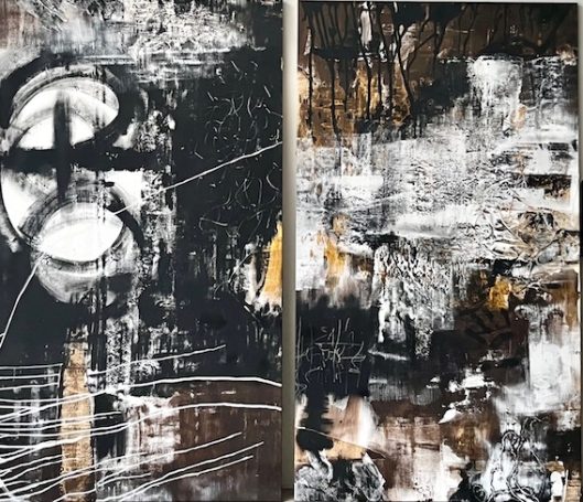 Sans tire 150x80cm (x2), Collection privée Pigments naturels et papier sur toile. Art abstrait. Modern art. Noir. Blanc. Ocre. Traces. Matière