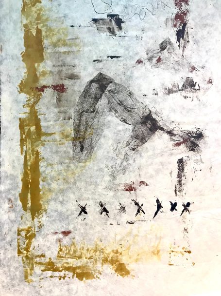 Esthétique zen, délicatesse des empreintes. Vide et plein, oeuvre abstraite. Oeuvre sur papier japonais encadrée sous verre