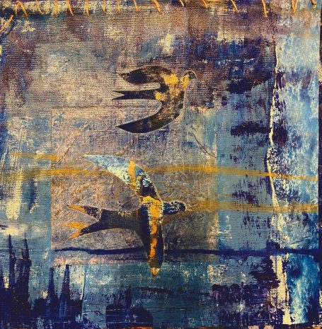 Ciel ! 33x33cm Pigments naturels, huile sur toile. Ciel et oiseaux. Collage. Toile libre cousur sur baguette en bambou