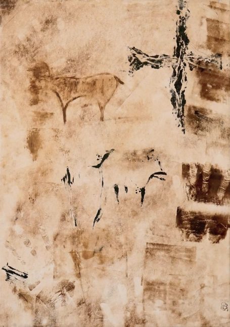 Pariétal III 57x70cm Hommage aux traces et aux premières créations de nos ancêtres. Oeuvre issue des cavernes, art de vivre d'une époque révolue