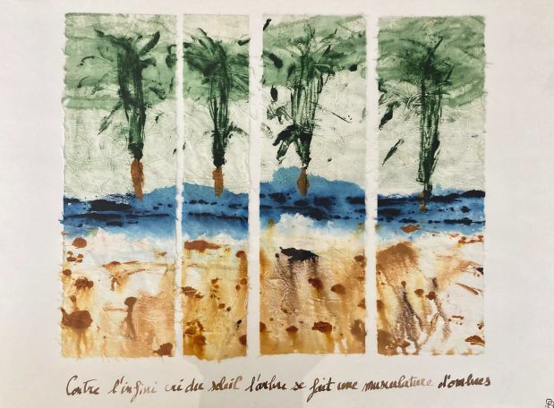 L'infini cri du soleil 80x60cm Paysage, arbres, sable, mer, encre à l'huile, papier artisanal, monotype. Ouvre sur papier encadré