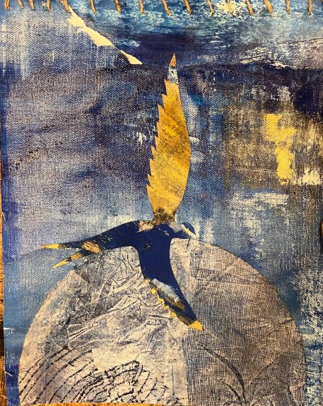 Ciel ! 25x32cm Pigments naturels, huile sur toile. Ciel et oiseaux. Collage monotype. Toile libre cousur sur baguette en bambou