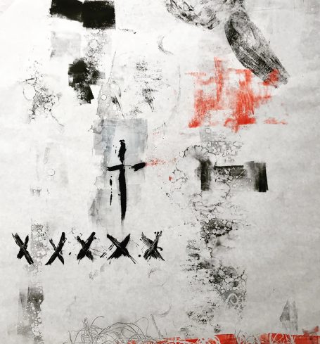 Esthétique zen, délicatesse des empreintes. Croix, oeuvre abstraite. Oeuvre sur papier encadrée sous verre